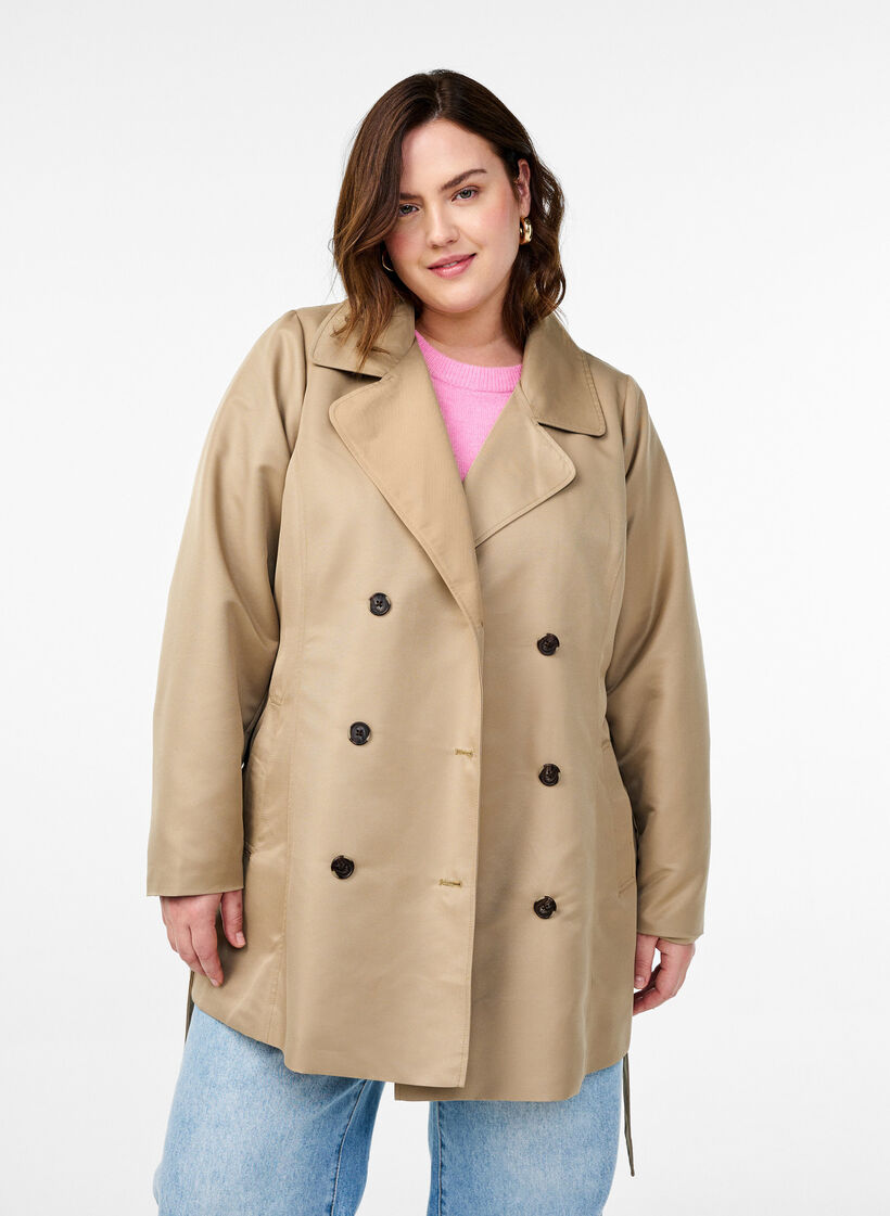 Kort trenchcoat med belte, Beige, Model image number 0