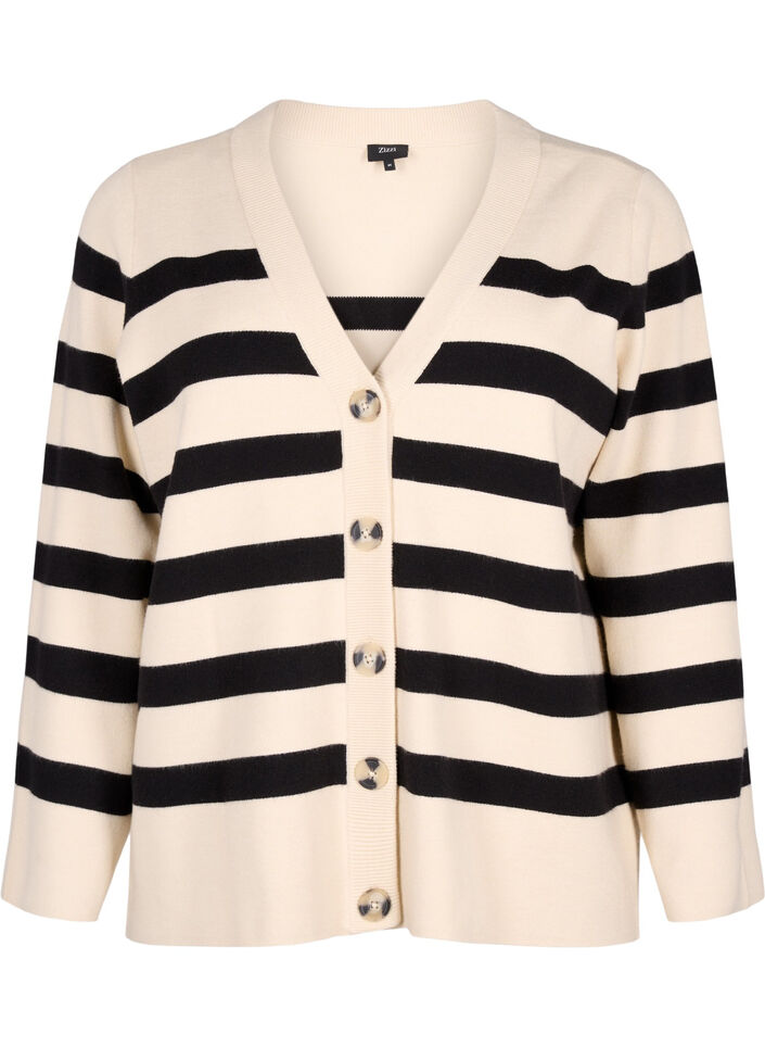 Strikket cardigan med V-hals og striper, Birch w. Black, Packshot image number 0