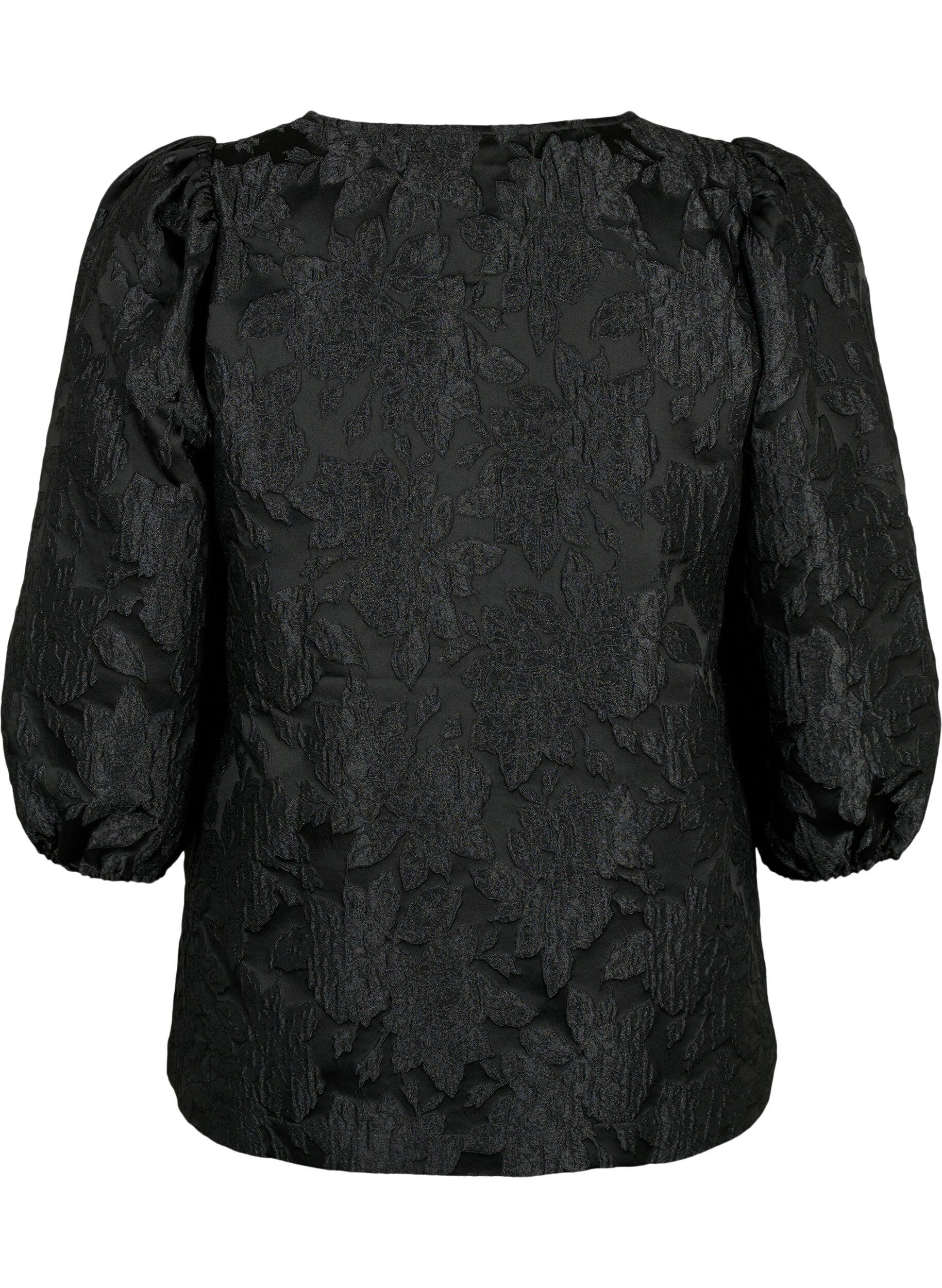 Zizzi Jacquard-bluse med 3/4-ermer, Black, Packshot image number 1