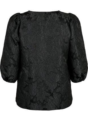 Jacquard-bluse med 3/4-ermer, Black, Packshot image number 1
