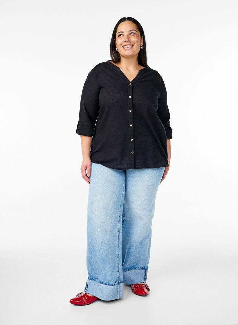 Bomullsbluse med V-hals, Svart, Model image number 1