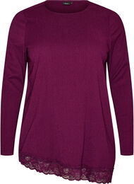 Jerseybluse med asymmetrisk blondedetalj, Lilla