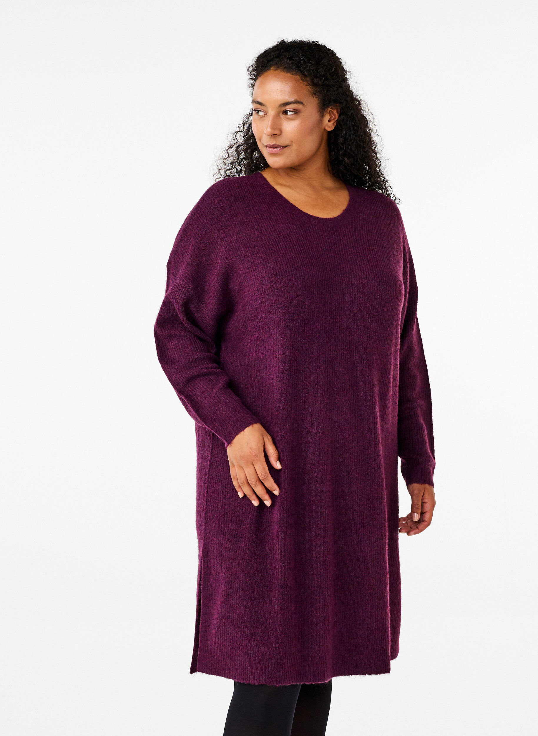 Zizzi Ribbestrikket kjole med lange ermer, Potent Purple Mel., Model image number 0