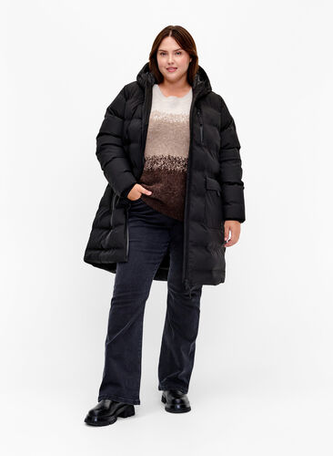 Pufferjakke med hette og lommer, Black, Model image number 2