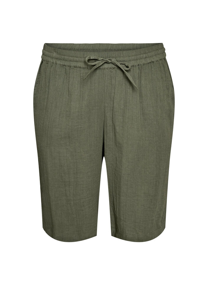 Loose fit bomullsmusselinshorts med h&oslash;y midje, Gr&oslash;nn, Packshot image number 0