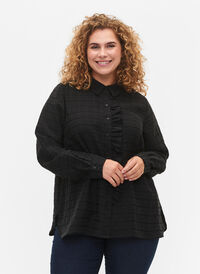 Skjorte med struktur og volangdetaljer, Black, Model