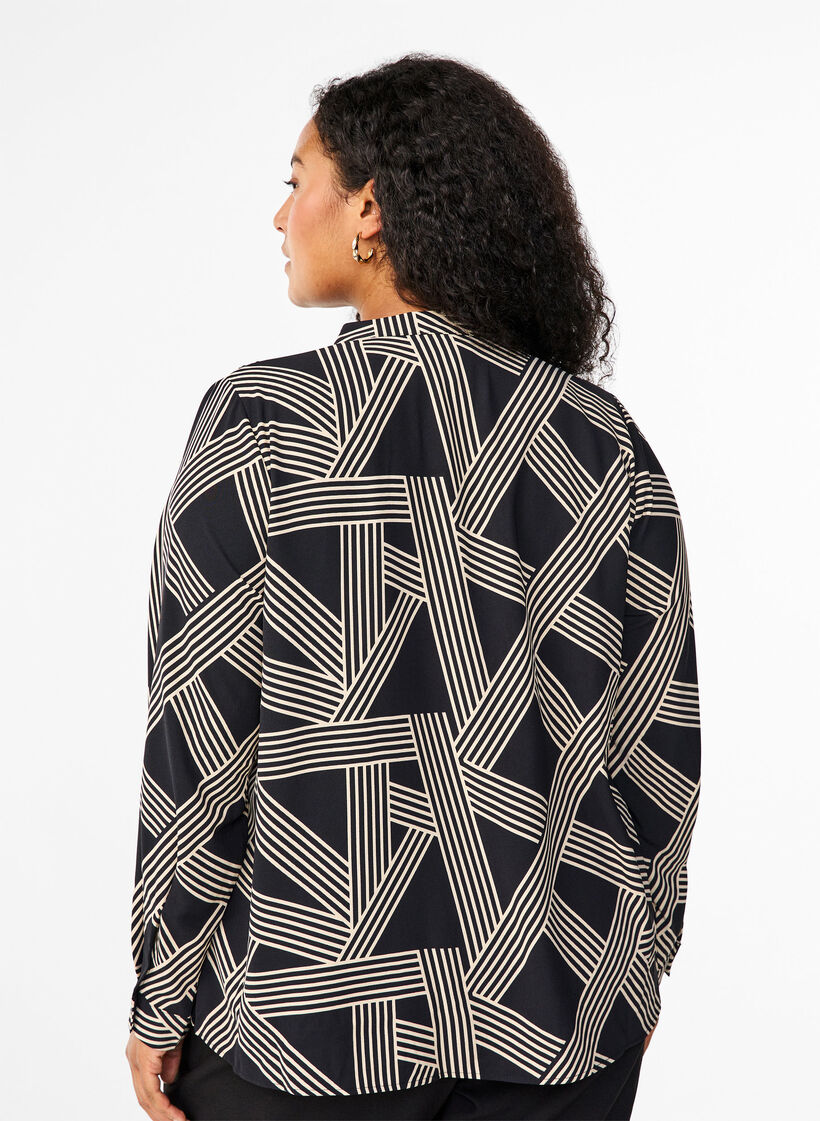 Langermet skjortebluse med V-hals, BLACK BEIGE GRAPHIC, Model image number 1