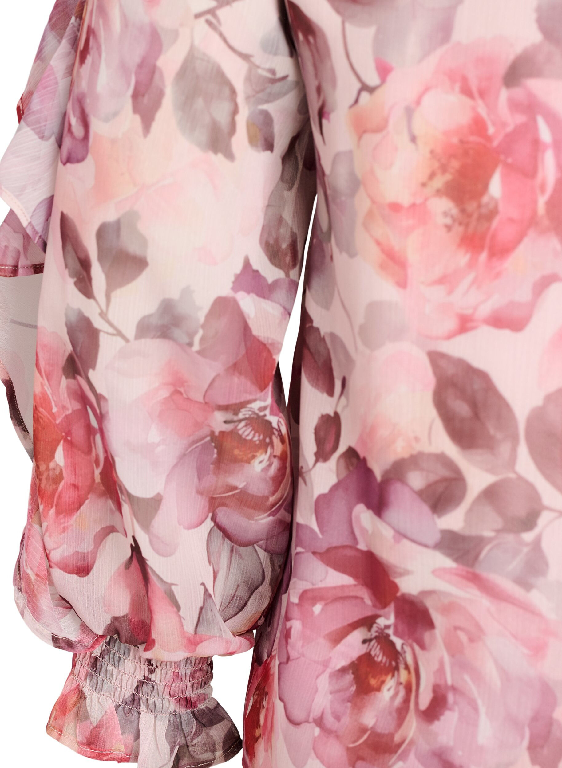ZizziBluse med blomstertrykk, V-hals og rysjede ermer, Rosa, Packshot image number 3