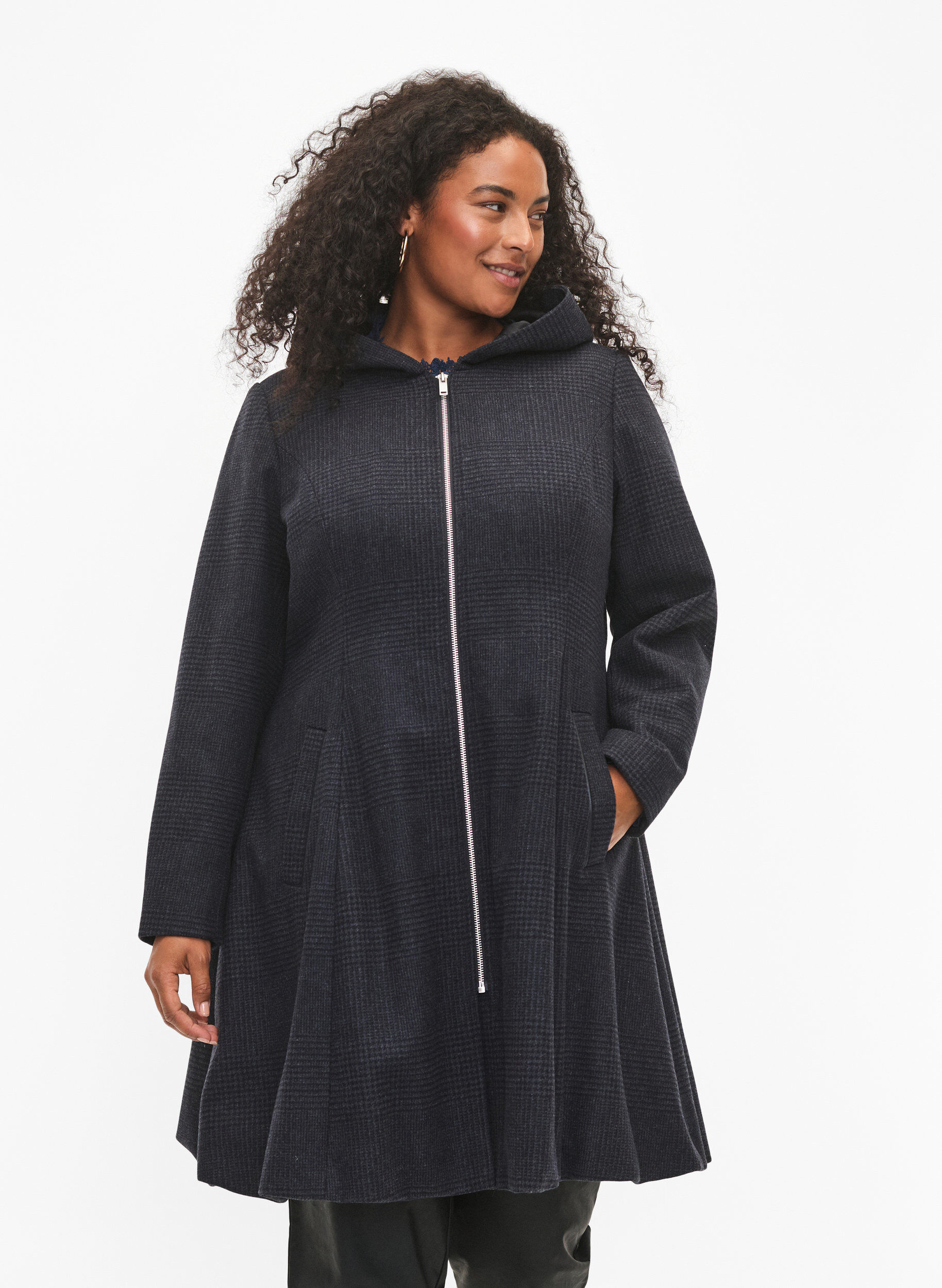 Zizzi Rutete k&aring;pe med ull, Dark Grey Melange, Model image number 0