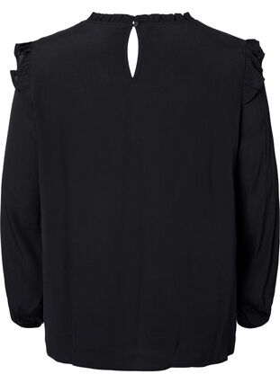 Viskosebluse med volanger og blonder, Black, Packshot image number 1