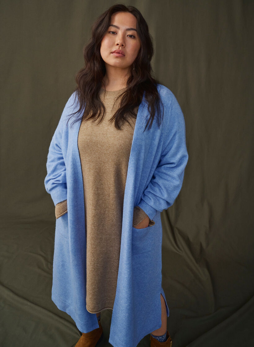 Lang strikket cardigan med lommer, Cornflower Blue Mel., Image image number 0