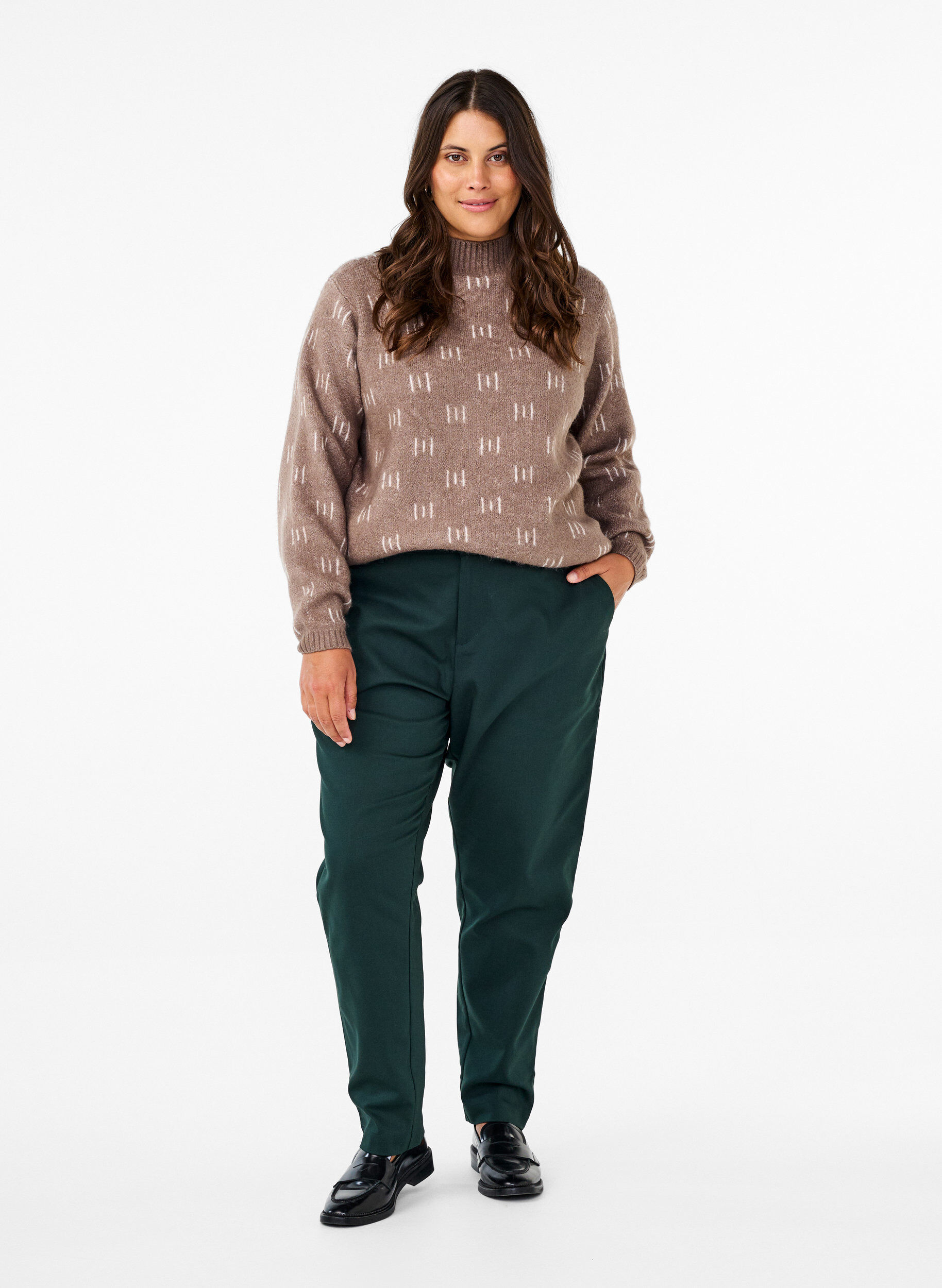 Zizzi Strikket bluse med m&oslash;nster og h&oslash;y hals, Walnut Mel. Comb, Model image number 2