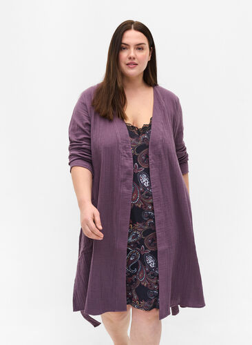 Morgenkåpe i bomull med knyting, Vintage Violet, Model image number 0