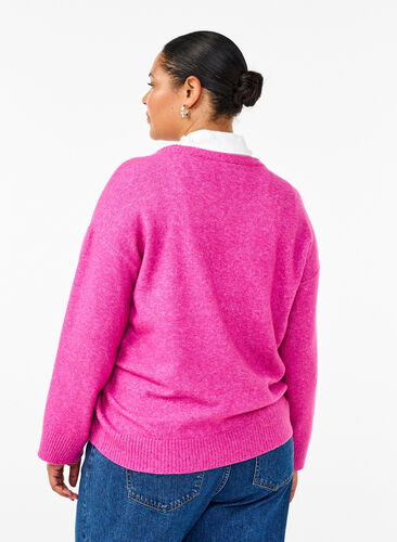 Zizzi Strikket bluse med rund hals og midtsøm, Fuchsia Red Mel., Model image number 1
