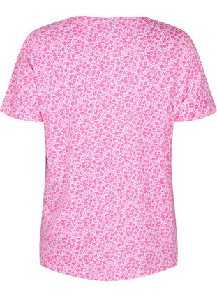 Blomstrete bomulls T-skjorte med V-hals, Shocking Pink AOP, Packshot image number 1