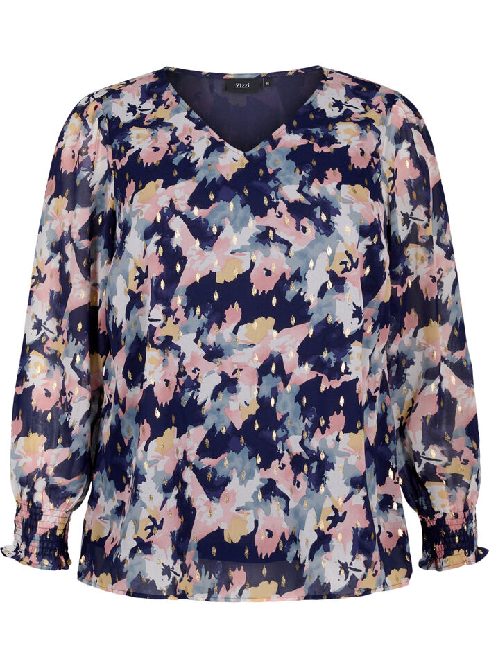 Blomstret bluse med lange ermer og V-hals, Night Sky AOP Flower, Packshot image number 0
