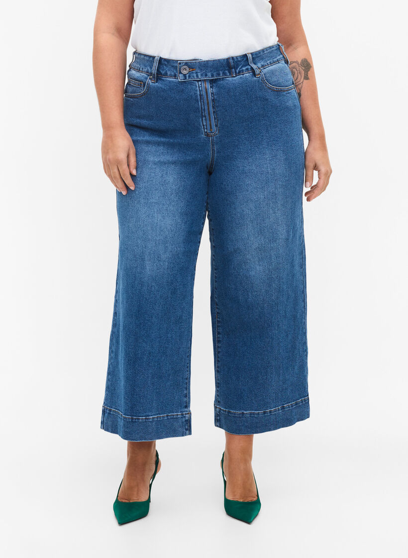 Cropped jeans med vidde, Blue denim, Model