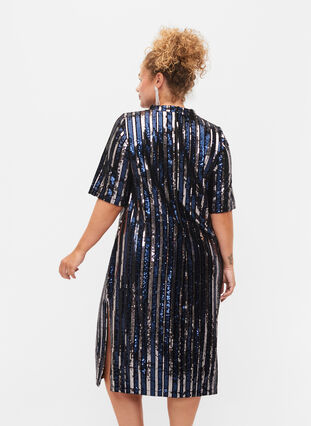 Kortermet paljettkjole med splitt, Evening Blue Stripe , Model image number 1