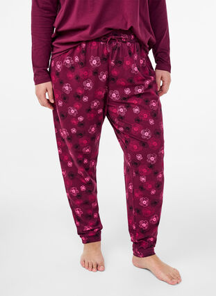 Zizzi Bomull Pyjamas bukser med utskrift, Mørk Bordeaux, Model image number 2