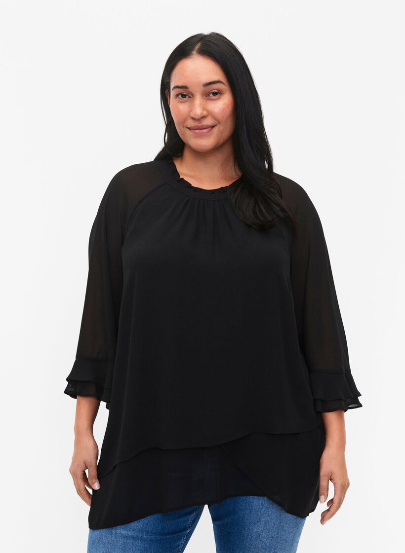 Bluse som er asymmetrisk nederst og med 3/4 ermer, Black, Model image number 0