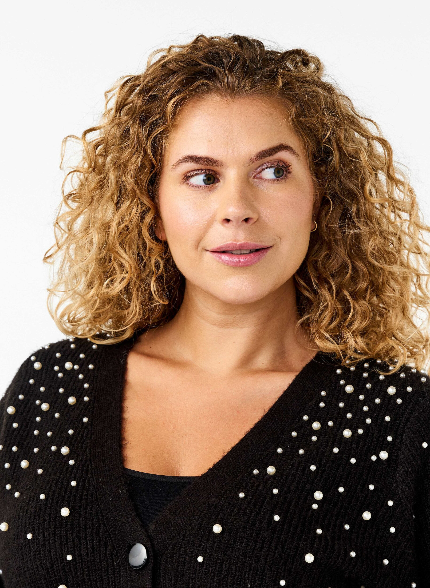 Zizzi Strikket cardigan med perler, Black White Pearls, Model image number 2