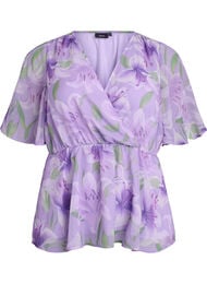 Bluse i blomstrete chiffon med korte ermer, Lilla