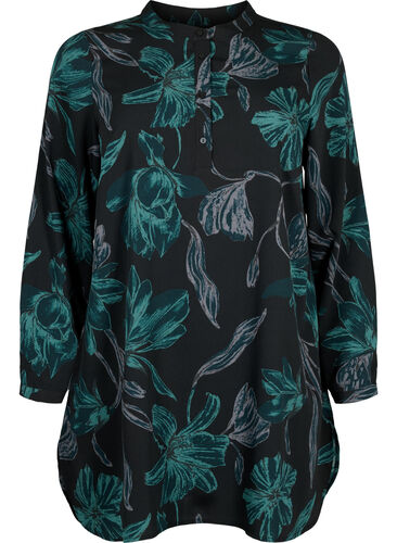 FLASH - Blomstret tunika med lange ermer, Black Scarab Flower, Packshot image number 0