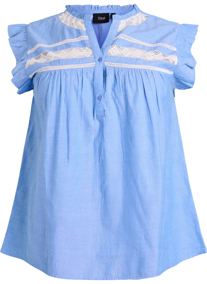 Ermel&oslash;s bomullsbluse med volangkanter, Bl&aring;, Packshot image number 0
