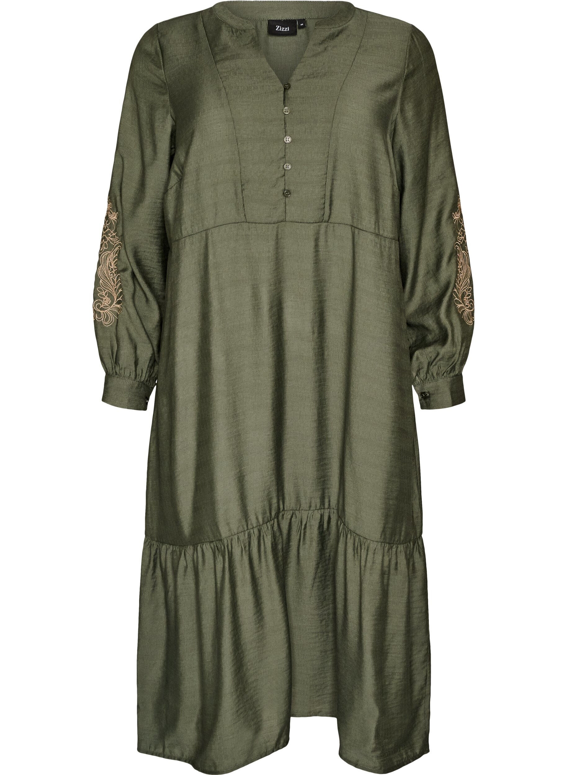 ZizziViskosekjole med broderi og lagdelte volanger, Gr&oslash;nn, Packshot image number 0