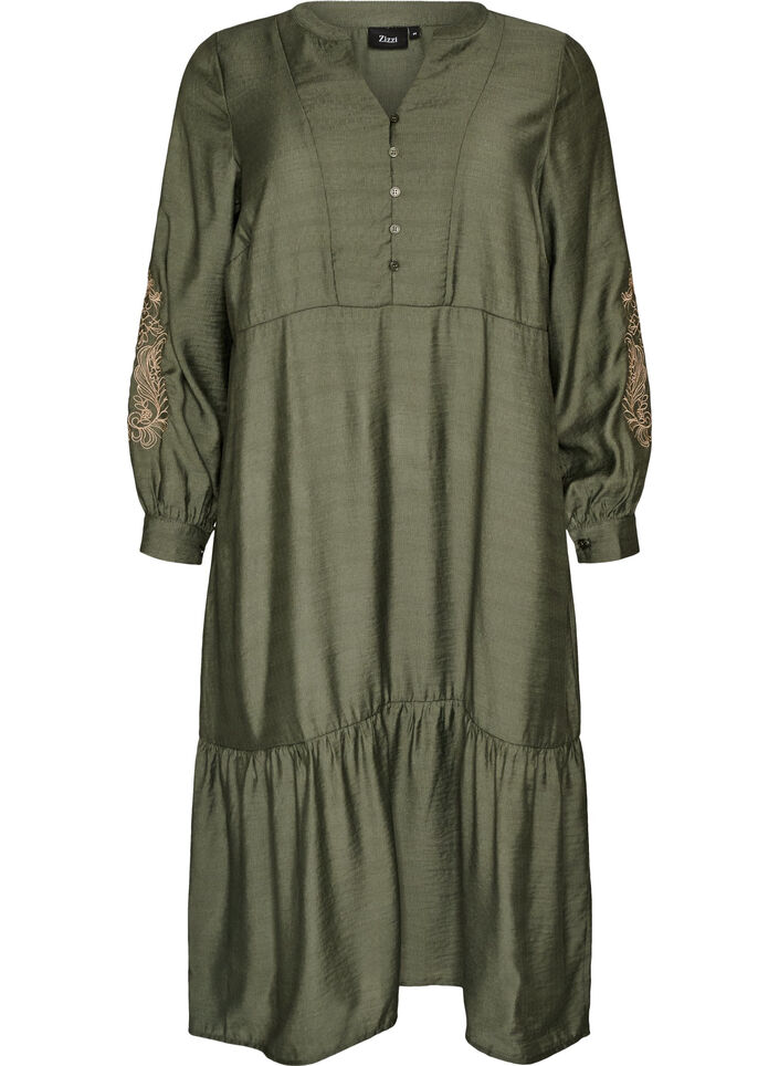 Viskosekjole med broderi og lagdelte volanger, Gr&oslash;nn, Packshot image number 0