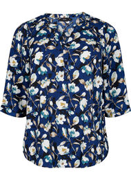 Blomstret bluse med 3/4-ermer, P. Blue Flower AOP