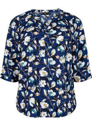 Blomstret bluse med 3/4-ermer, P. Blue Flower AOP, Packshot image number 0
