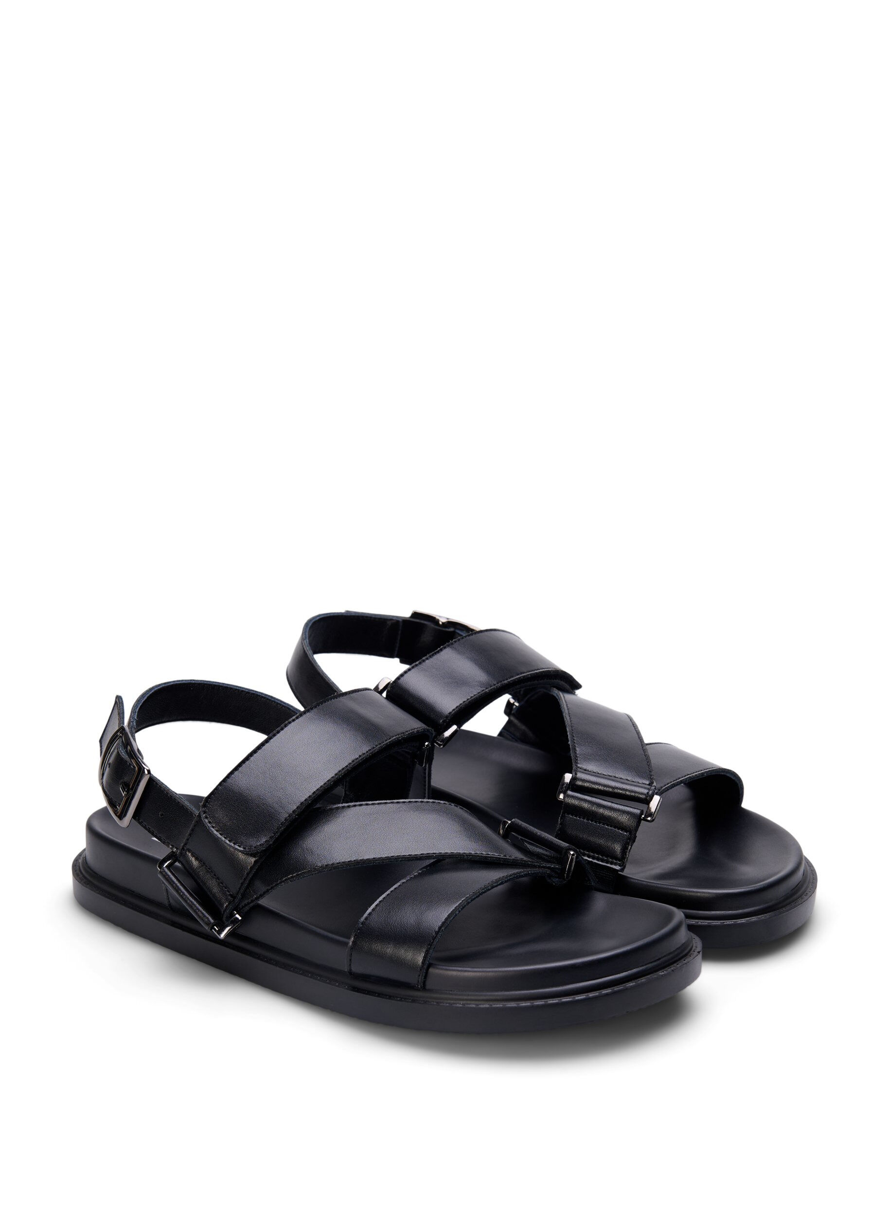 Zizzi Sandal i skinn med bred passform og justerbare remmer, Svart, Packshot image number 1