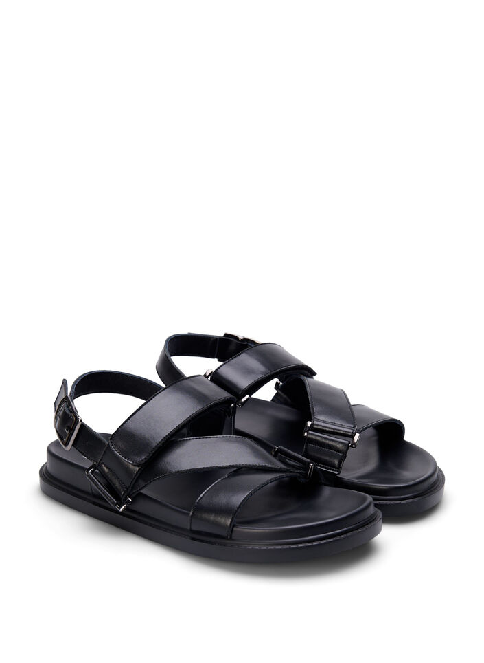 Sandal i skinn med bred passform og justerbare remmer, Svart, Packshot image number 1