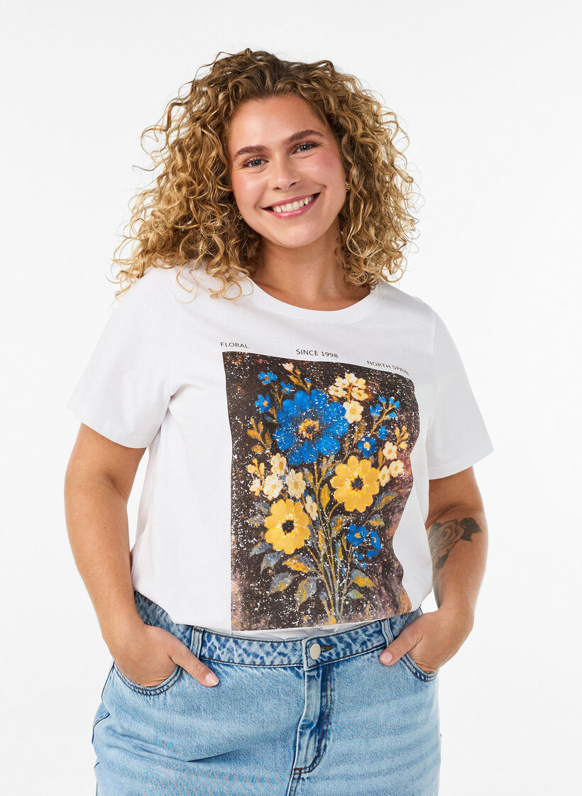 Bomulls T-skjorte med trykk foran, Hvit, Model image number 0
