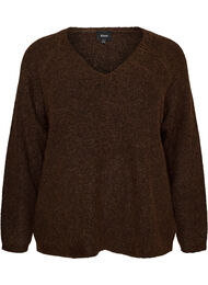 Strikkebluse med V-hals og raglanermer, Brun