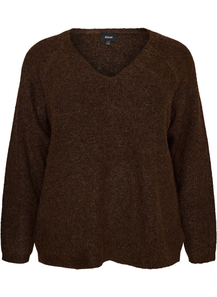 Strikkebluse med V-hals og raglanermer, Brun, Packshot image number 0
