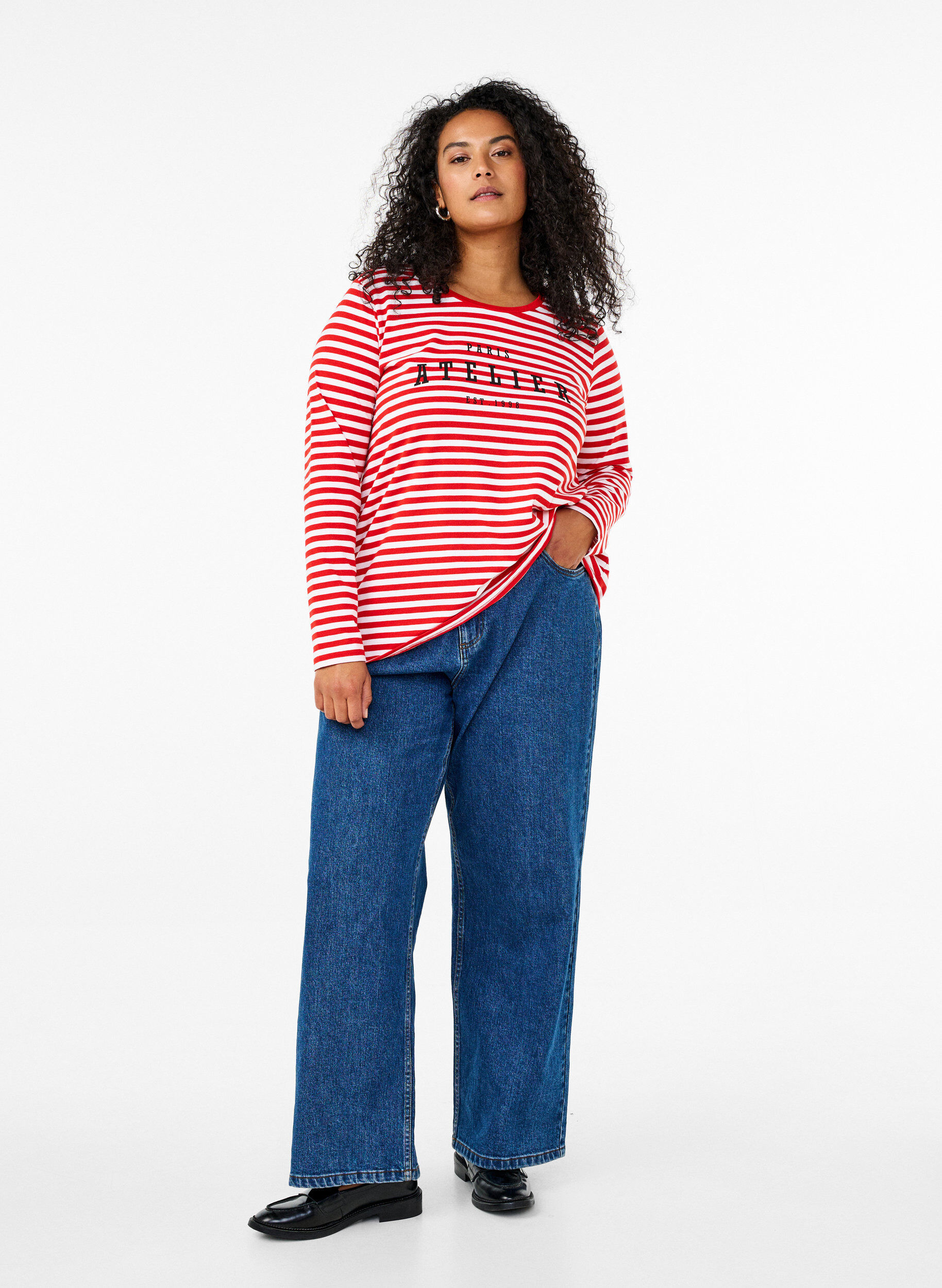 Zizzi Stripete bluse med motiv, Whitew.FlameS.Stripe, Model image number 2