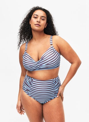 Zizzi Bikinitruse med høy midje og striper, Blå, Model image number 0
