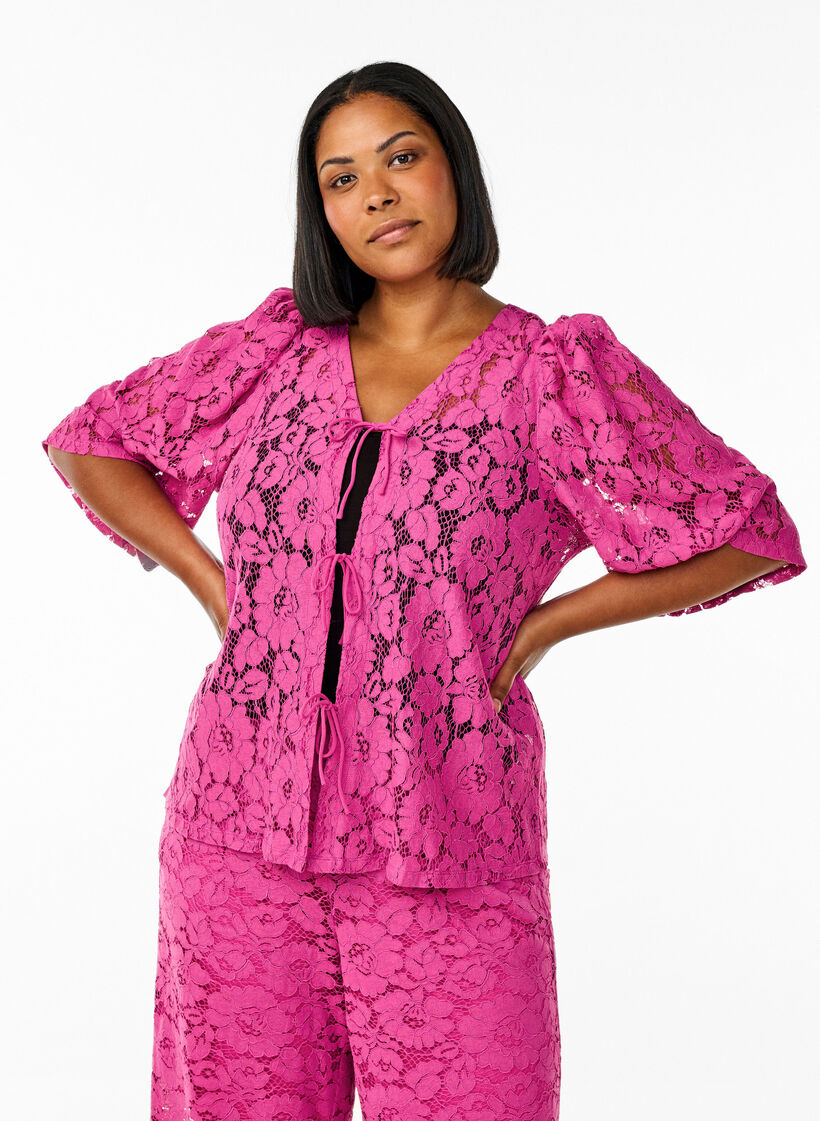 Bluse med blonder, 3/4 ermer og sløyfer foran, Purple Orchid, Model