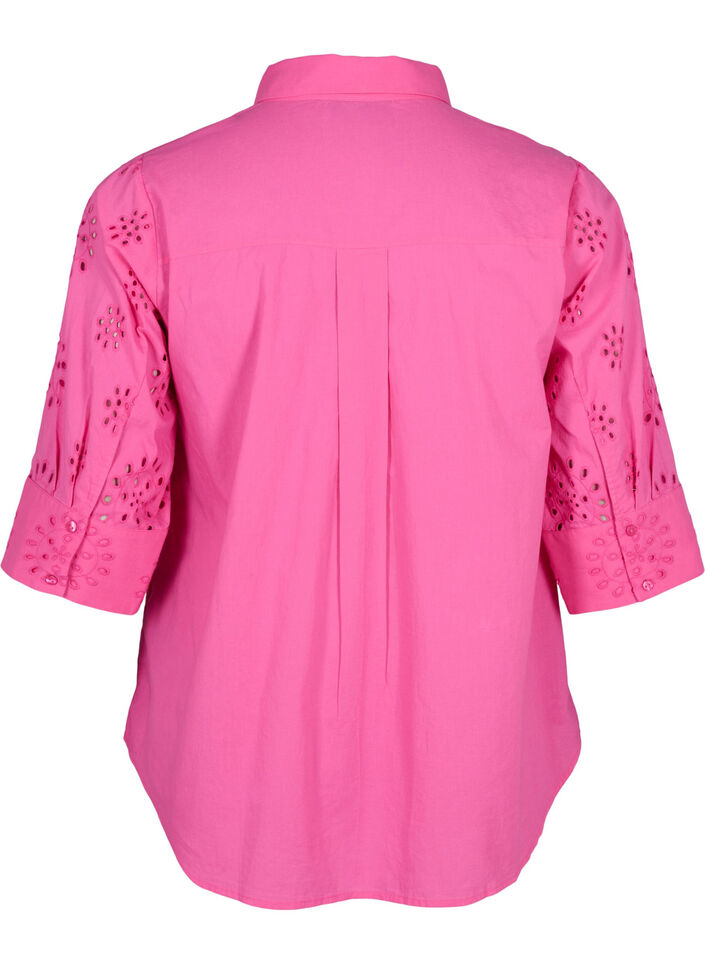 Skjortebluse med engelsk broderi og 3/4-ermer, Raspberry Rose, Packshot image number 1