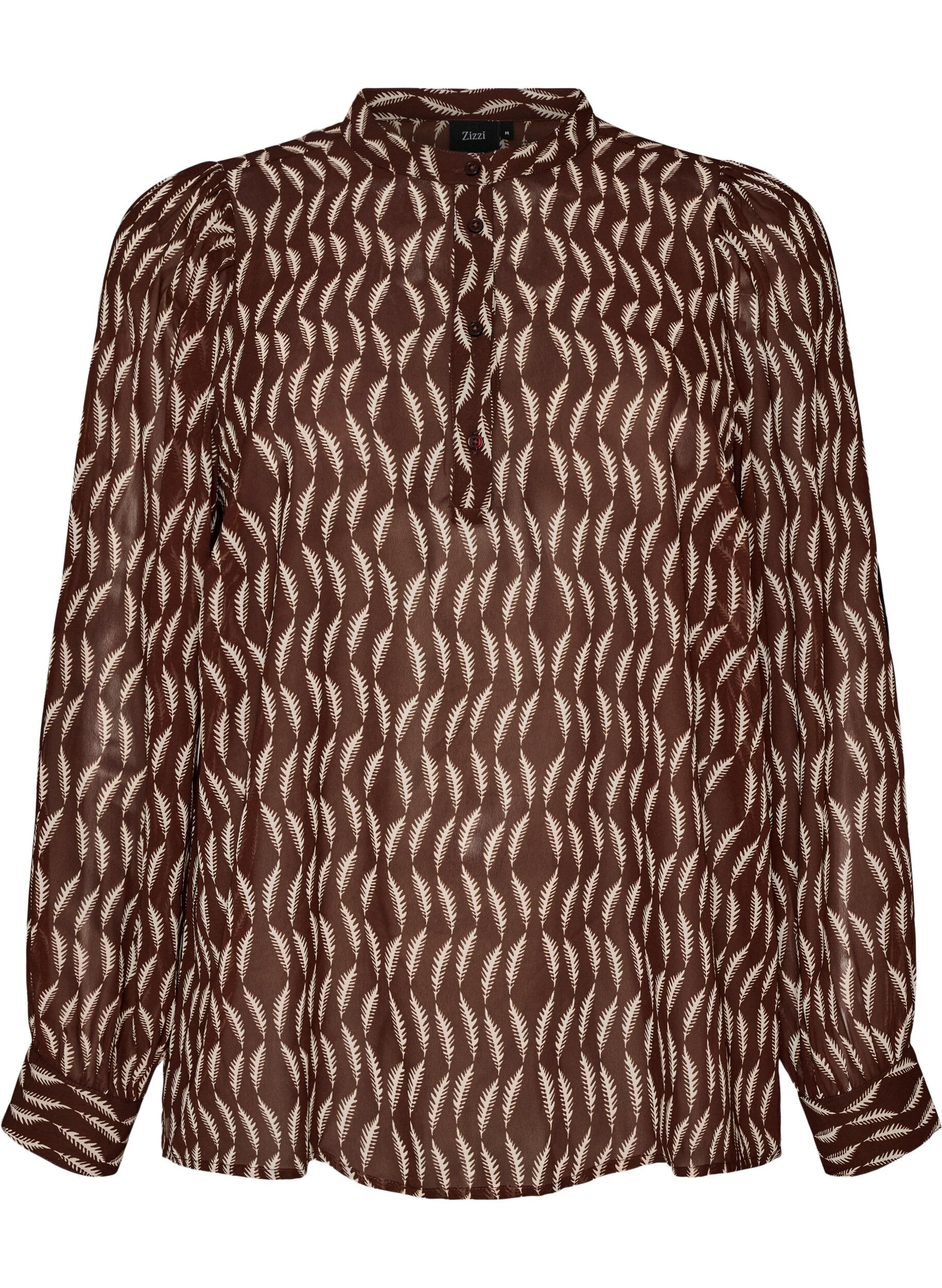 ZizziBluse med heldekkende trykk og kort knappestolpe, Brun, Packshot image number 0