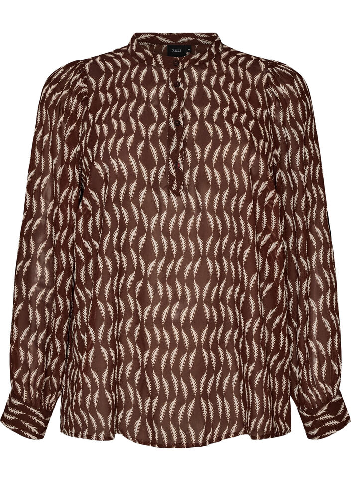 Bluse med heldekkende trykk og kort knappestolpe, Brun, Packshot image number 0