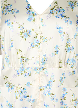Blomstret satengkjole med puffermer, Off White Blue Fl., Packshot image number 2