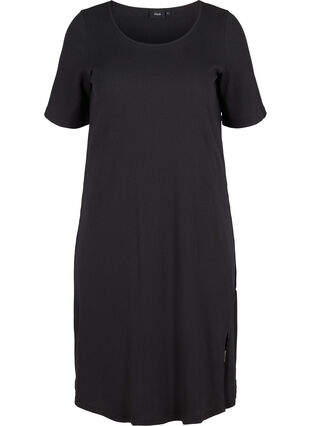 Kortermet kjole i et ribbet materiale, Black, Packshot image number 0