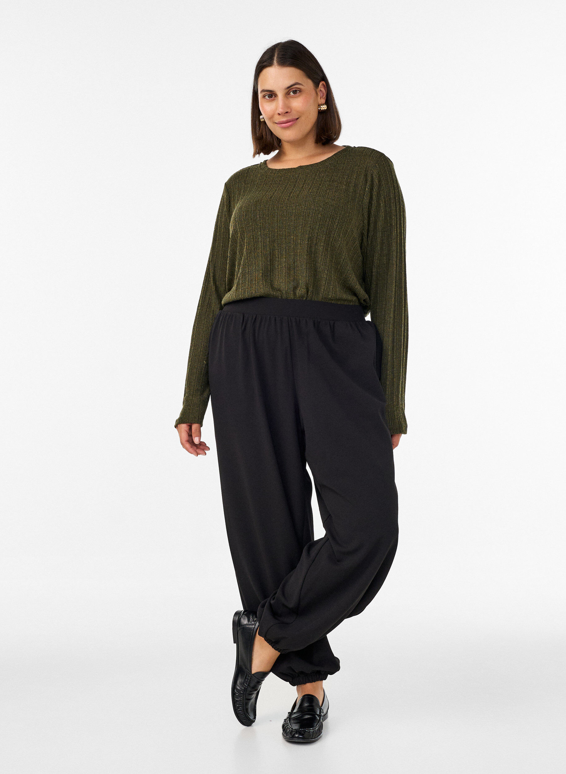 ZizziJerseybluse med ribbestruktur og lange ermer, Gr&oslash;nn, Model image number 1