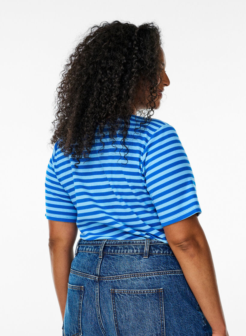 T-shirt med striper og ribbestrikket struktur, Bl&aring;, Model image number 2