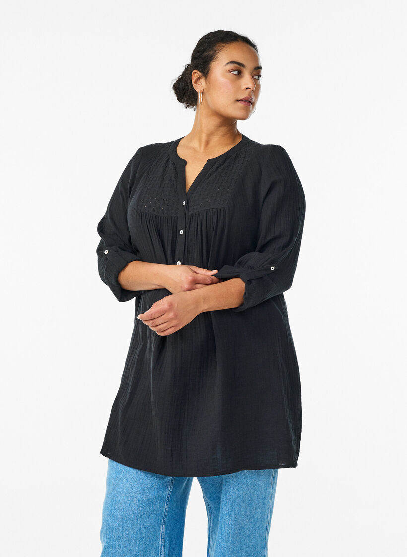 Bomullsmuslin tunika med broderie anglaise, Svart, Model image number 0