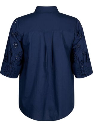 Skjortebluse med engelsk broderi og 3/4-ermer, Navy Blazer, Packshot image number 1