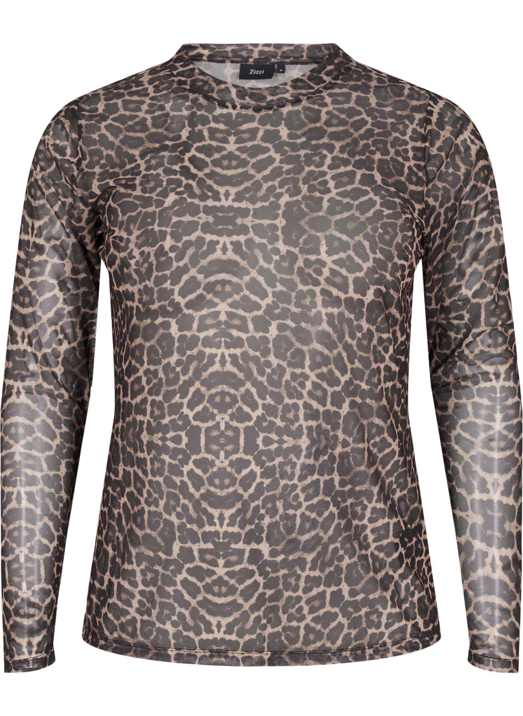Zizzi Bluse i mesh med leopardm&oslash;nster, Brun, Packshot image number 0